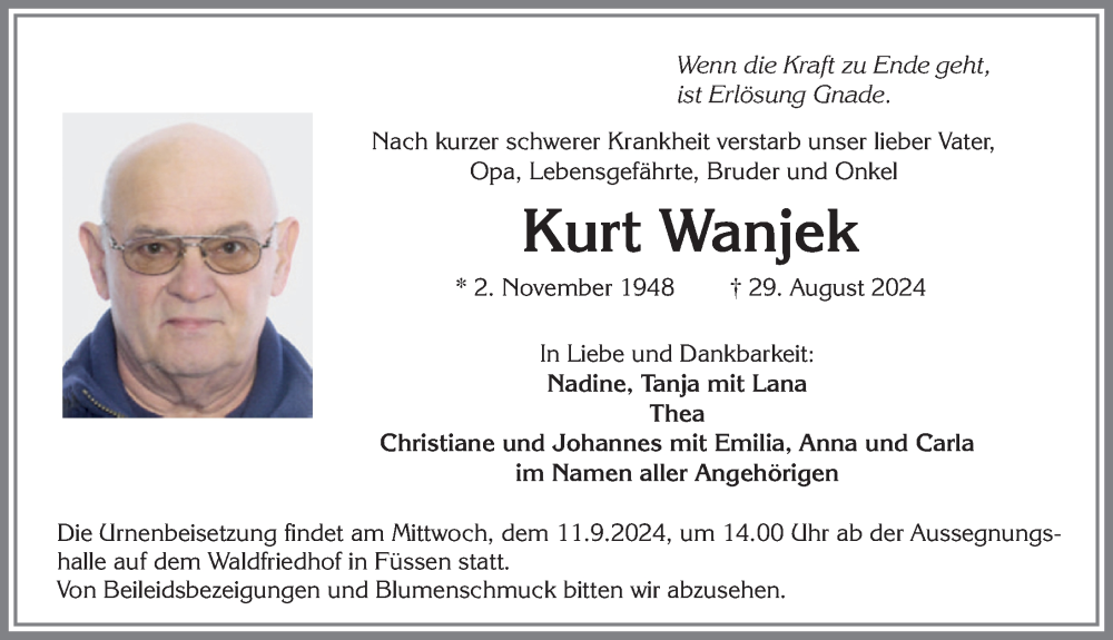 Traueranzeige von Kurt Wanjek von Allgäuer Zeitung, Füssen