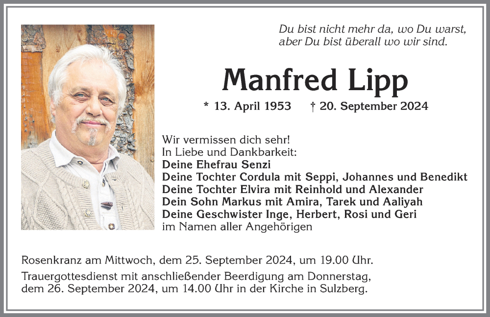 Traueranzeige von Manfred Lipp von Allgäuer Zeitung,Kempten