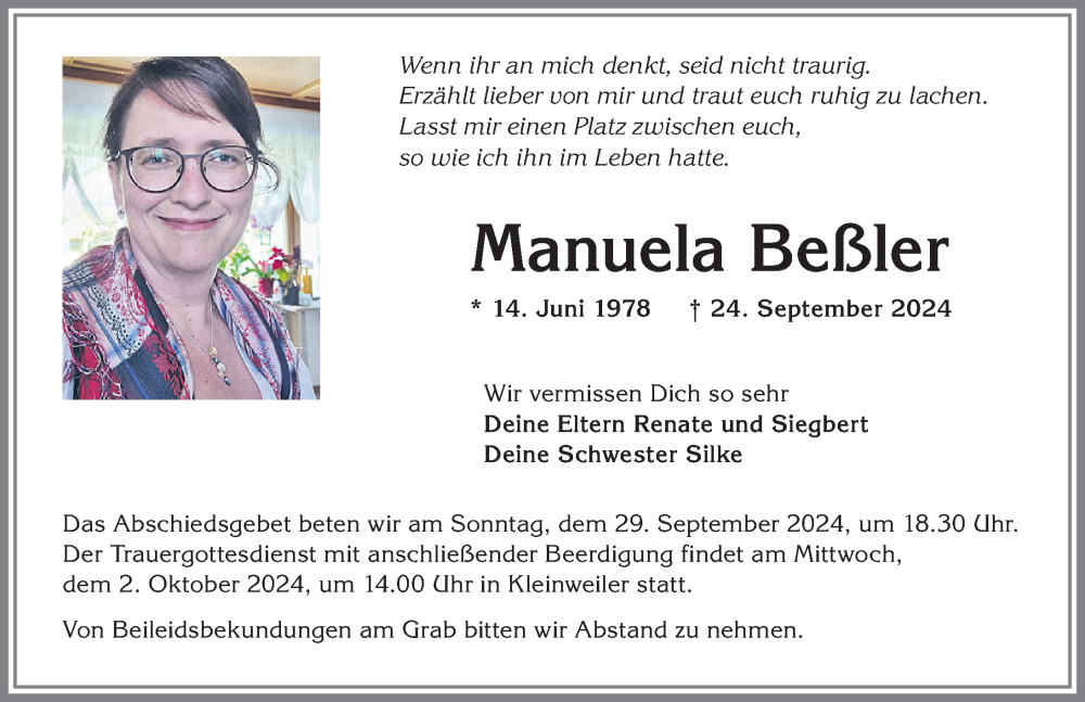 Traueranzeige von Manuela Beßler von Allgäuer Zeitung,Kempten