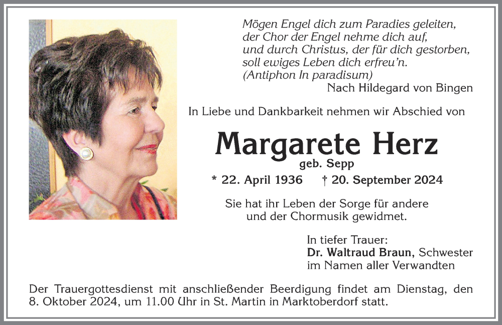 Traueranzeige von Margarete Herz von Allgäuer Zeitung, Marktoberdorf