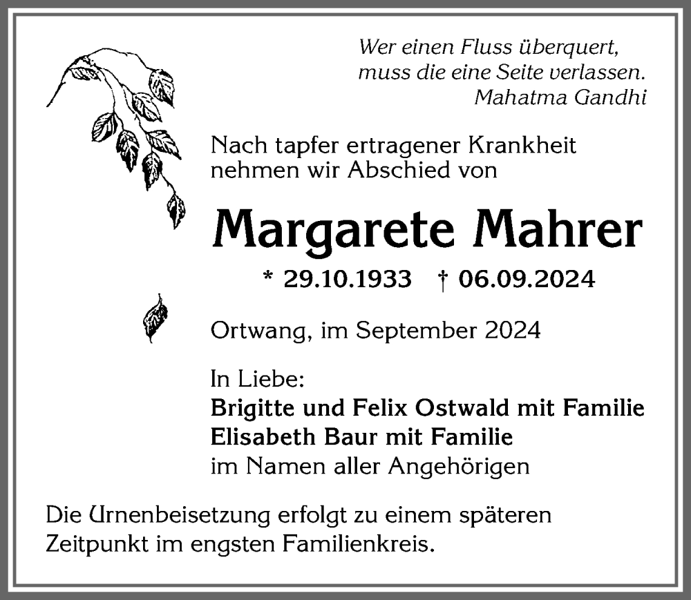 Traueranzeige von Margarete Mahrer von Allgäuer Anzeigeblatt