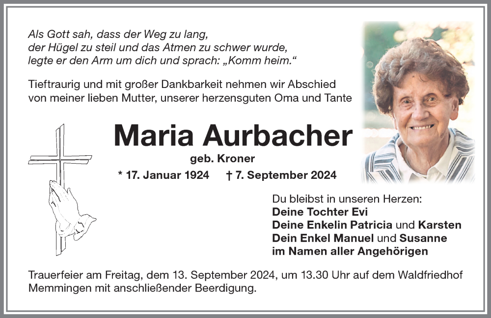 Traueranzeige von Maria Aurbacher von Memminger Zeitung