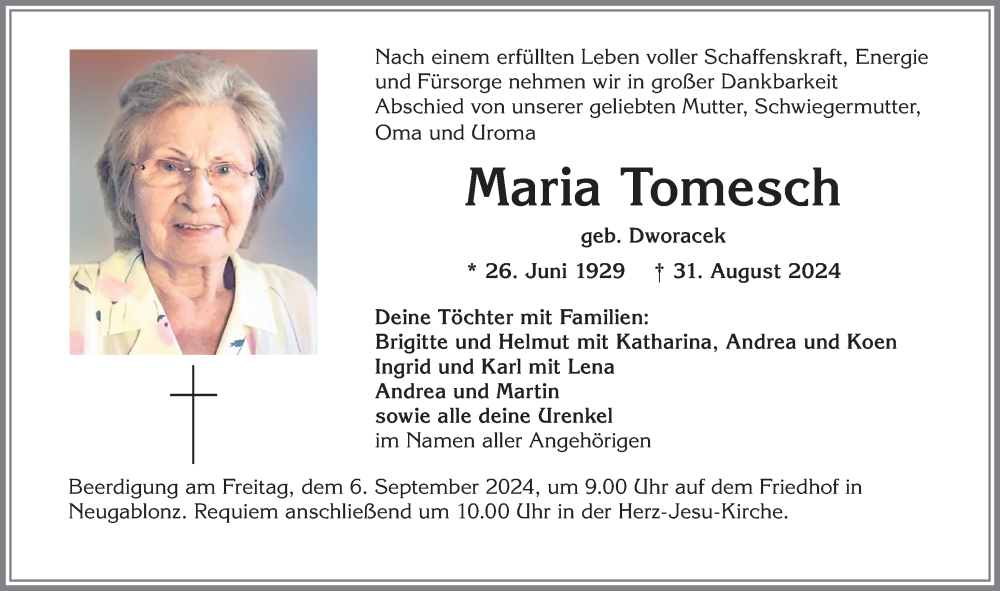 Traueranzeige von Maria Tomesch von Allgäuer Zeitung, Kaufbeuren/Buchloe