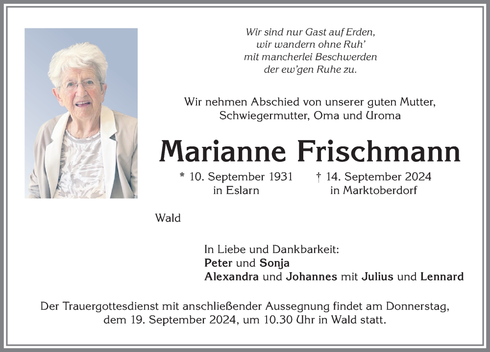 Traueranzeige von Marianne Frischmann von Allgäuer Zeitung, Marktoberdorf