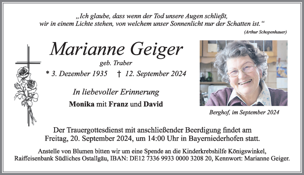 Traueranzeige von Marianne Geiger von Allgäuer Zeitung, Füssen