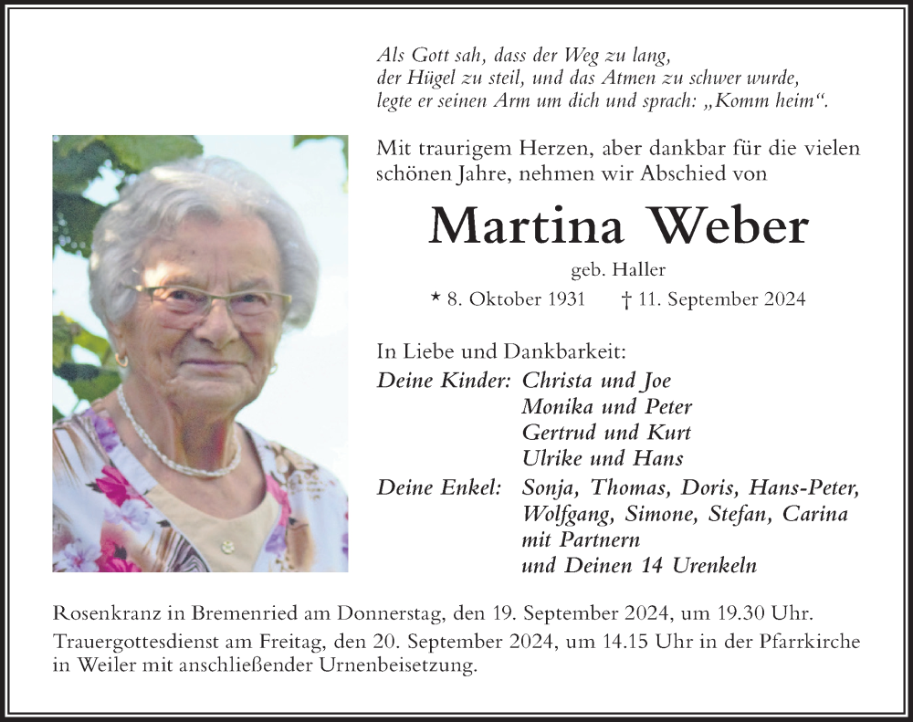 Traueranzeige von Martina Weber von Der Westallgäuer