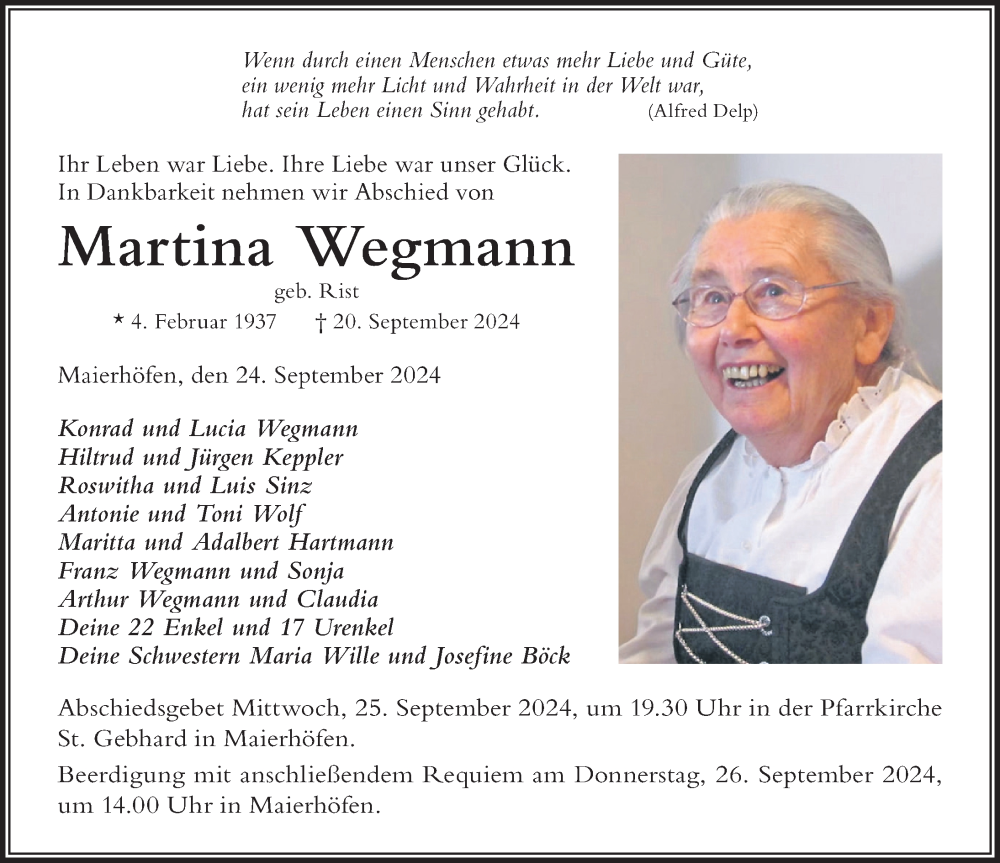 Traueranzeige von Martina Wegmann von Der Westallgäuer