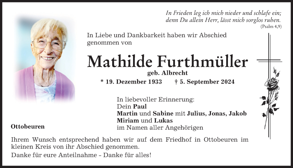 Traueranzeige von Mathilde Furthmüller von Memminger Zeitung