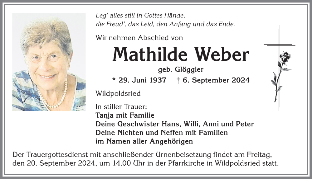 Traueranzeige von Mathilde Weber von Allgäuer Zeitung,Kempten