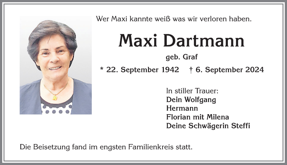 Traueranzeige von Maxi Dartmann von Allgäuer Zeitung,Kempten