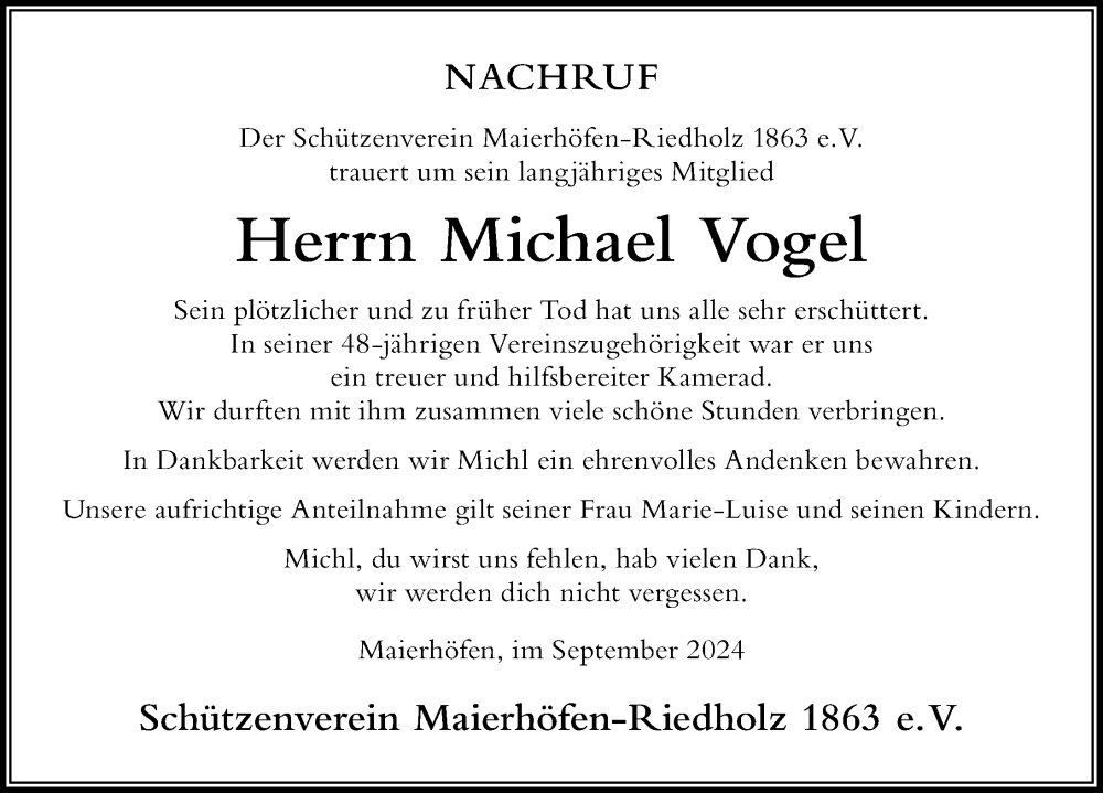 Traueranzeige von Michael Vogel von Der Westallgäuer