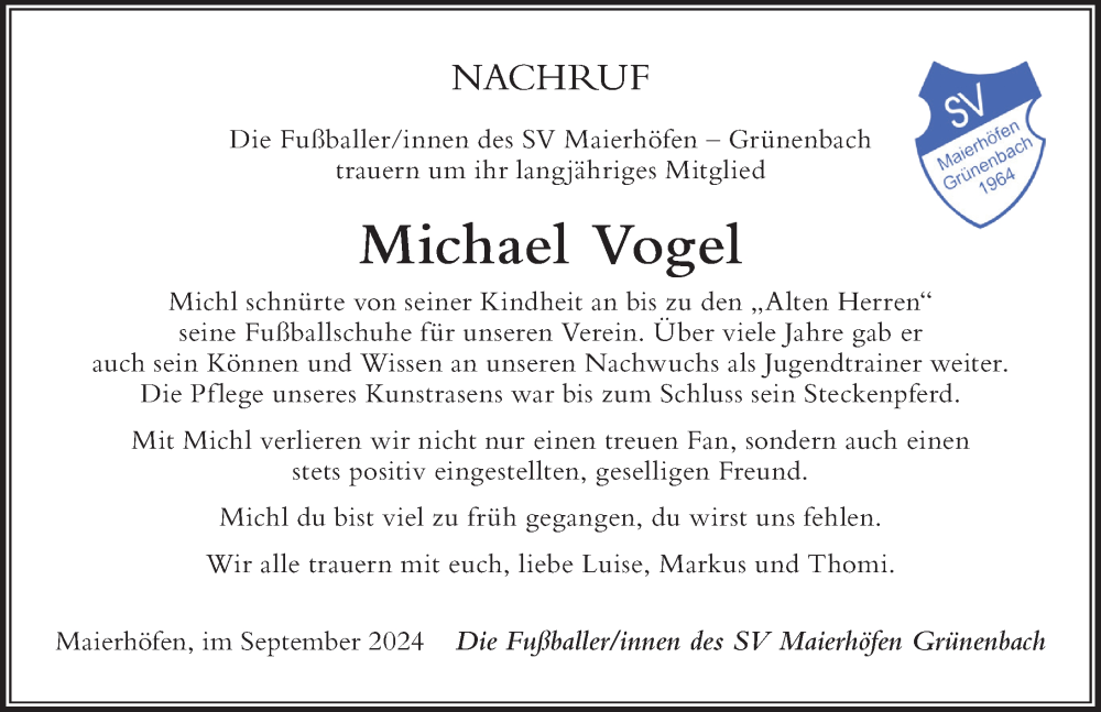 Traueranzeige von Michael Vogel von Der Westallgäuer