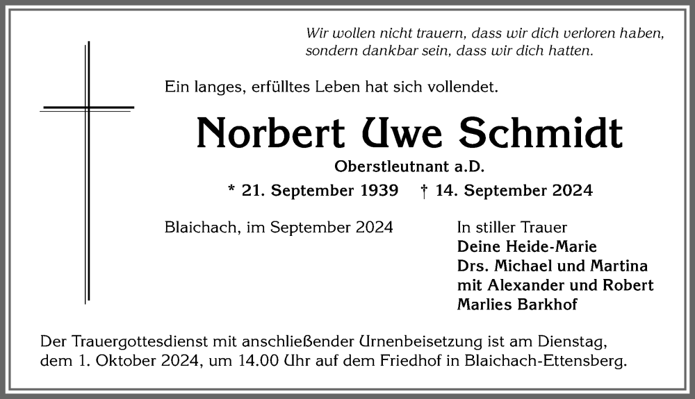 Traueranzeige von Norbert Uwe Schmidt von Allgäuer Anzeigeblatt