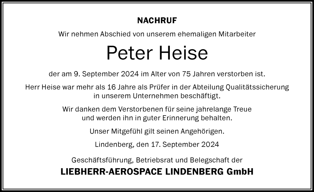 Traueranzeige von Peter Heise von Der Westallgäuer