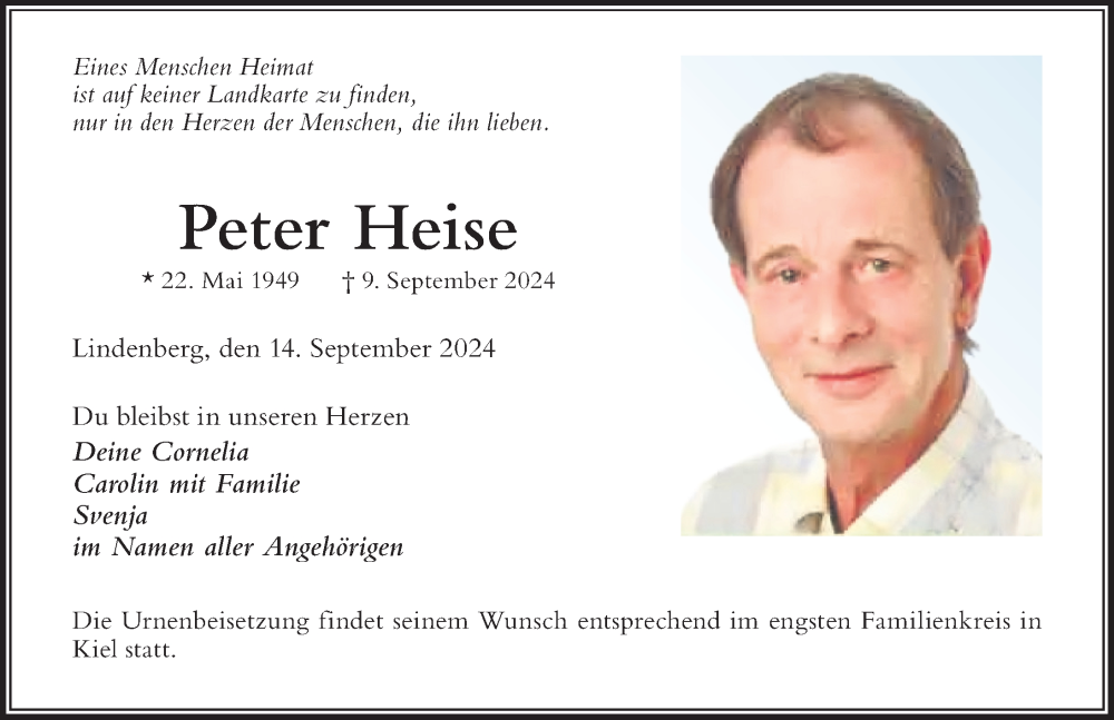 Traueranzeige von Peter Heise von Der Westallgäuer