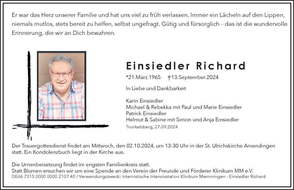 Traueranzeige von Richard Einsiedler von Memminger Zeitung