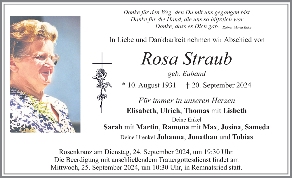 Traueranzeige von Rosa Straub von Allgäuer Zeitung, Marktoberdorf