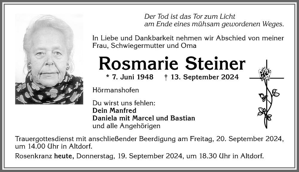 Traueranzeige von Rosmarie Steiner von Allgäuer Zeitung, Marktoberdorf