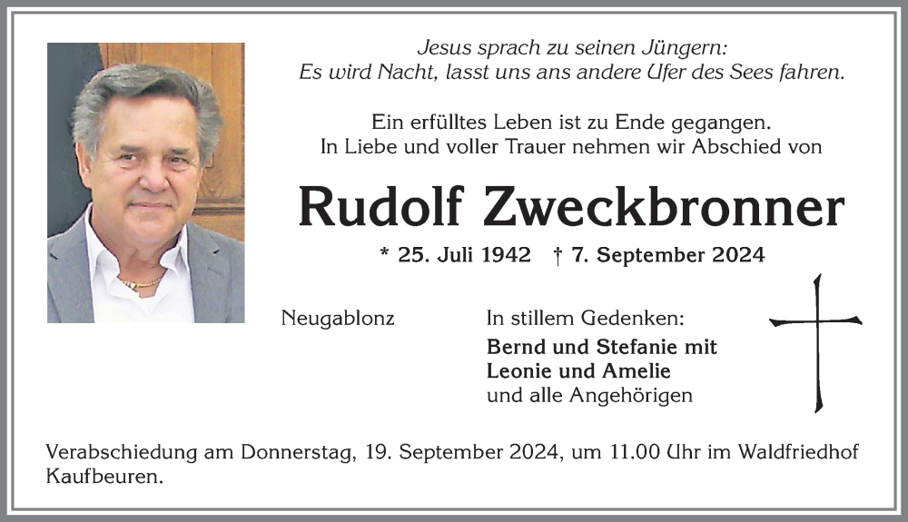 Traueranzeige von Rudolf Zweckbronner von Allgäuer Zeitung, Kaufbeuren/Buchloe