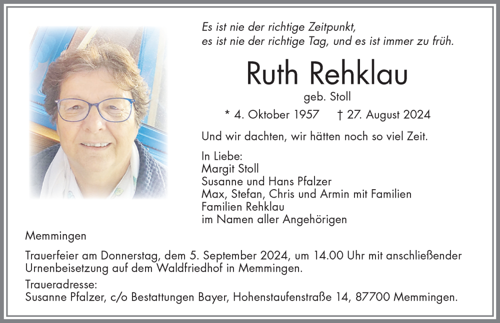 Traueranzeige von Ruth Rehklau von Memminger Zeitung