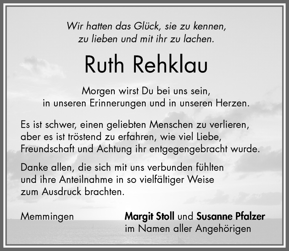 Traueranzeige von Ruth Rehklau von Memminger Zeitung