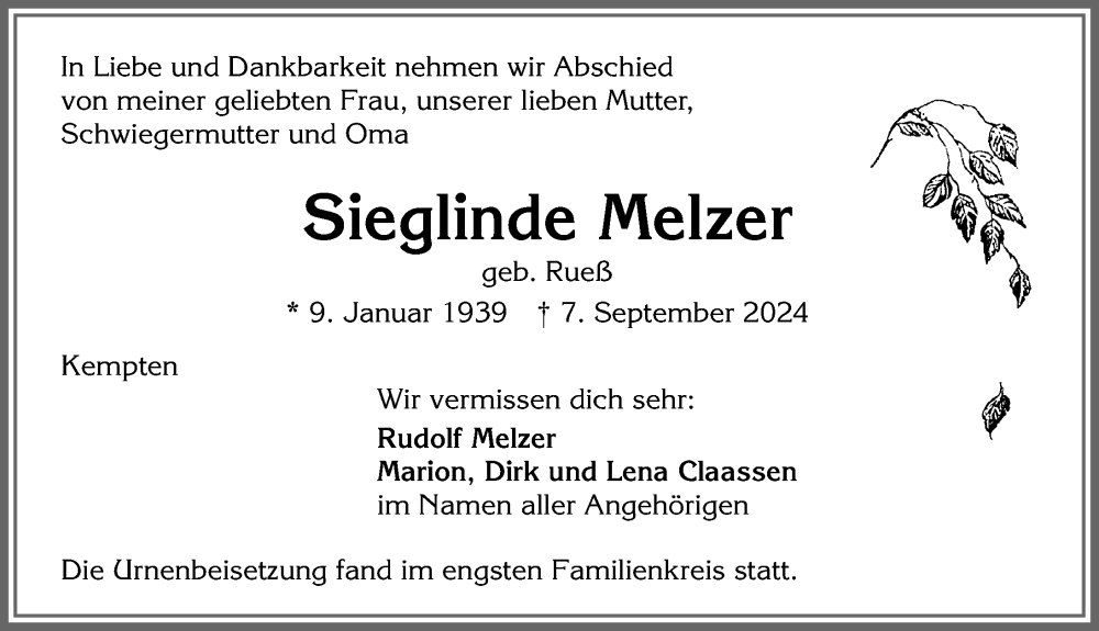 Traueranzeige von Sieglinde Melzer von Allgäuer Zeitung,Kempten