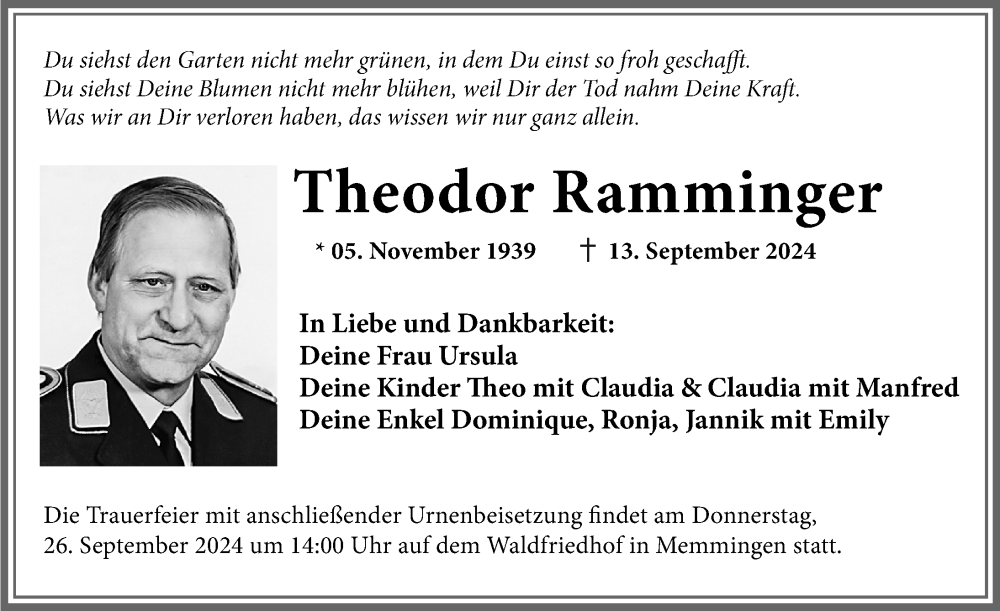 Traueranzeige von Theodor Ramminger von Memminger Zeitung