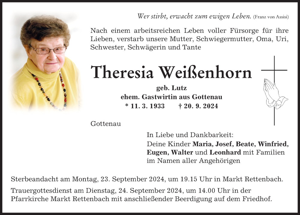 Traueranzeige von Theresia Weißenhorn von Memminger Zeitung