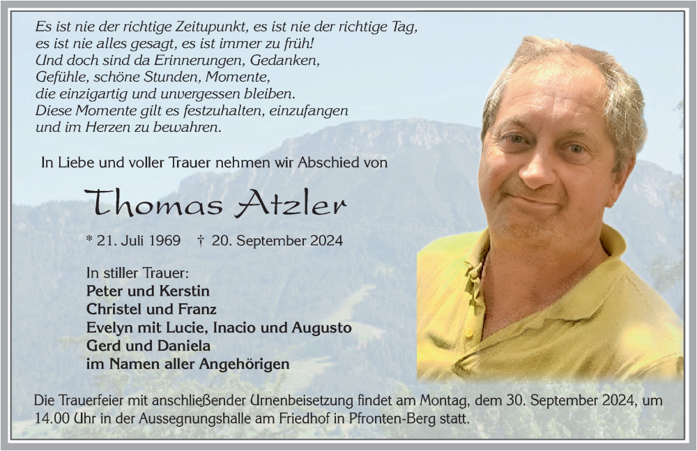 Traueranzeige von Thomas Atzler von Allgäuer Zeitung, Füssen