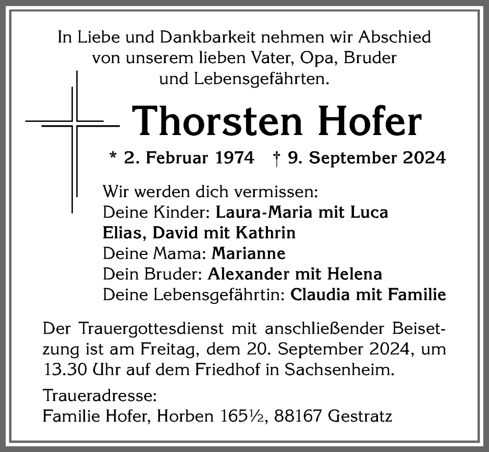 Traueranzeige von Thorsten Hofer von Der Westallgäuer