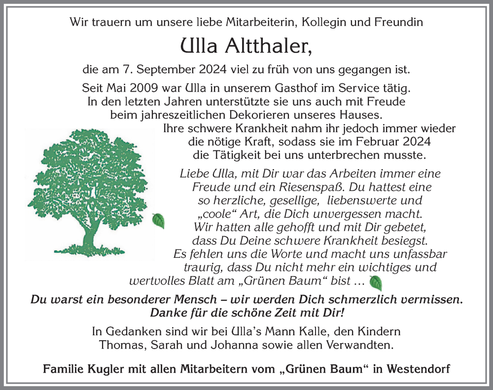 Traueranzeige von Ulla Altthaler von Allgäuer Zeitung, Kaufbeuren/Buchloe