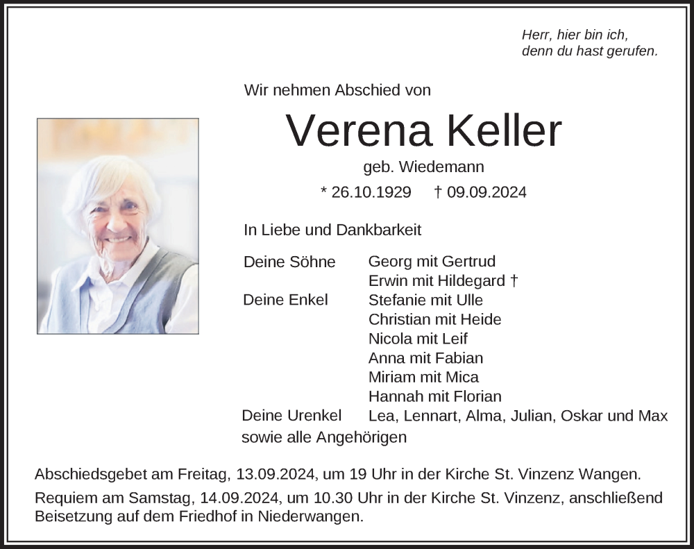 Traueranzeige von Verena Keller von Der Westallgäuer