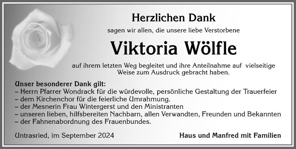 Traueranzeige von Viktoria Wölfle von Allgäuer Zeitung, Marktoberdorf