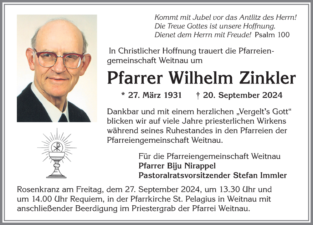 Traueranzeige von Wilhelm Zinkler von Allgäuer Zeitung,Kempten