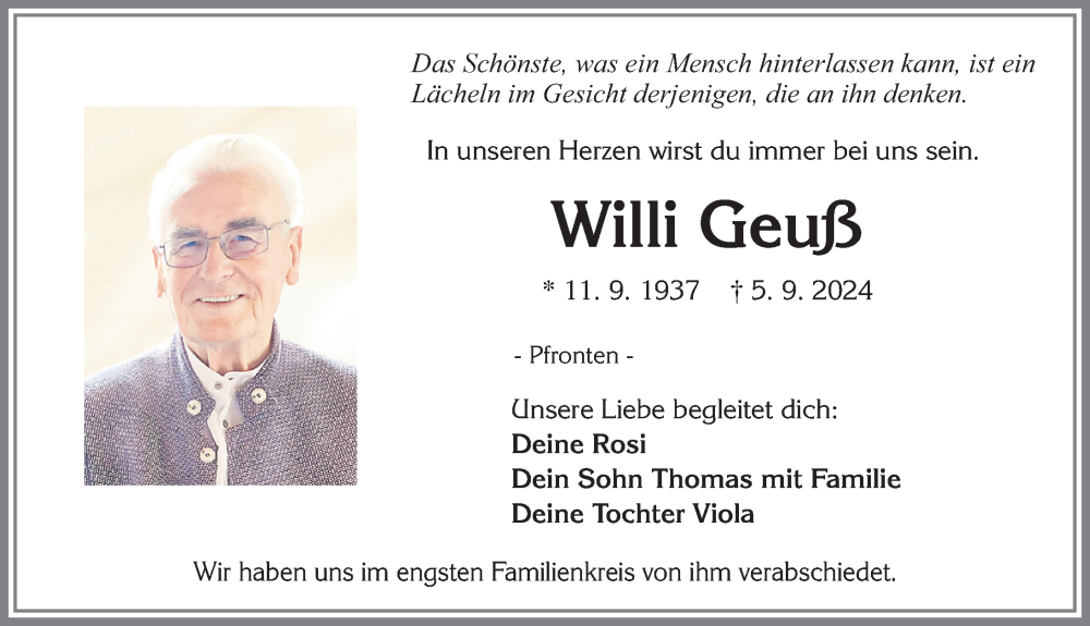 Traueranzeige von Willi Geuß von Allgäuer Zeitung, Füssen