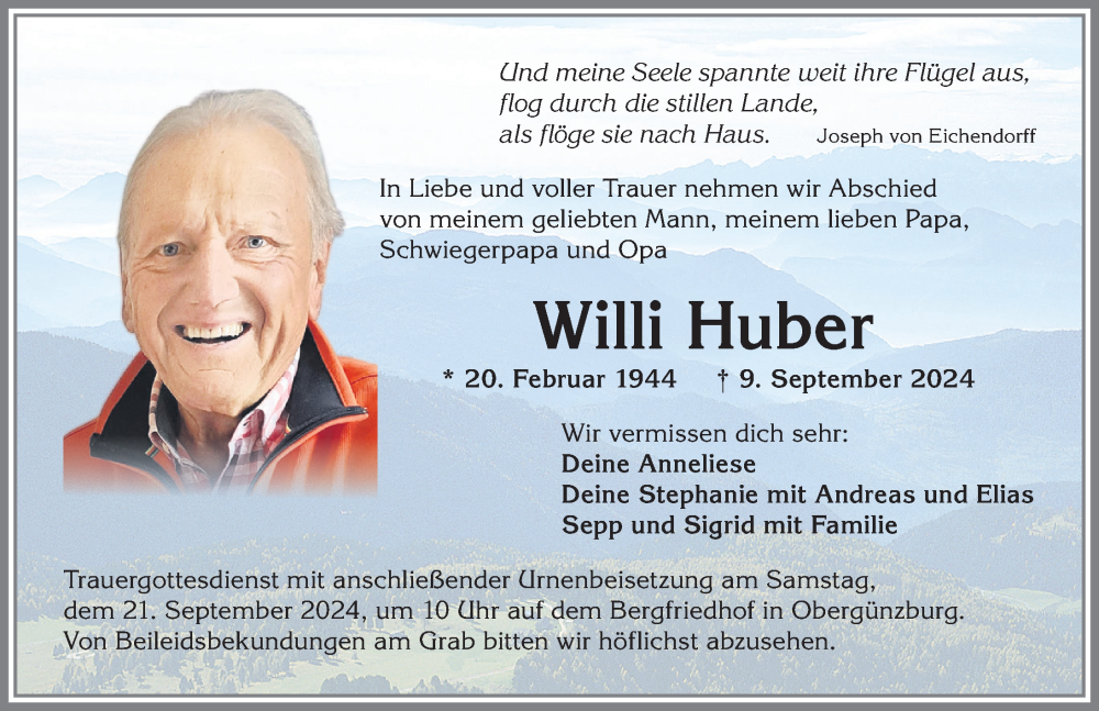 Traueranzeige von Willi Huber von Allgäuer Zeitung, Marktoberdorf