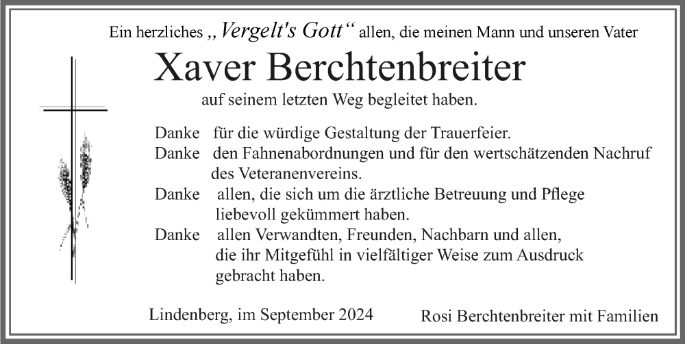 Traueranzeige von Xaver Berchtenbreiter von Allgäuer Zeitung, Kaufbeuren/Buchloe