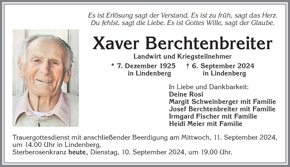 Traueranzeige von Xaver Berchtenbreiter von Allgäuer Zeitung, Kaufbeuren/Buchloe