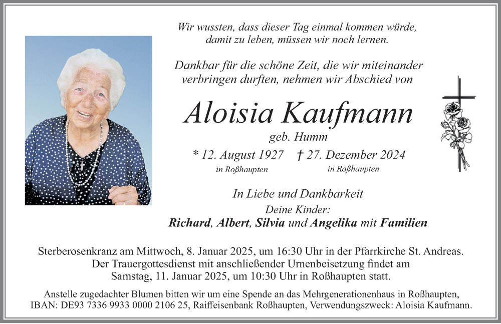 Traueranzeige von Aloisia Kaufmann von Allgäuer Zeitung, Füssen