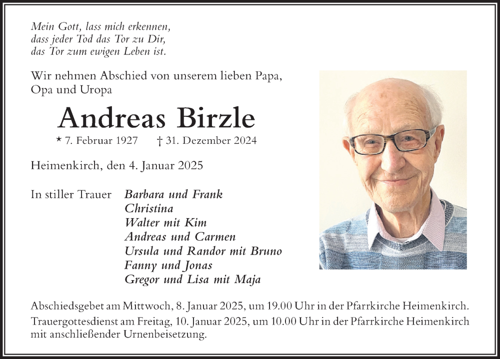 Traueranzeige von Andreas Birzle von Der Westallgäuer