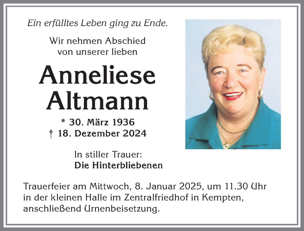 Traueranzeige von Anneliese Altmann von Allgäuer Zeitung,Kempten