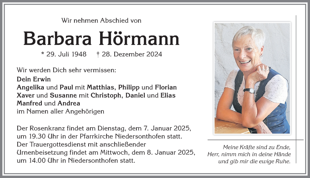 Traueranzeige von Barbara Hörmann von Allgäuer Anzeigeblatt