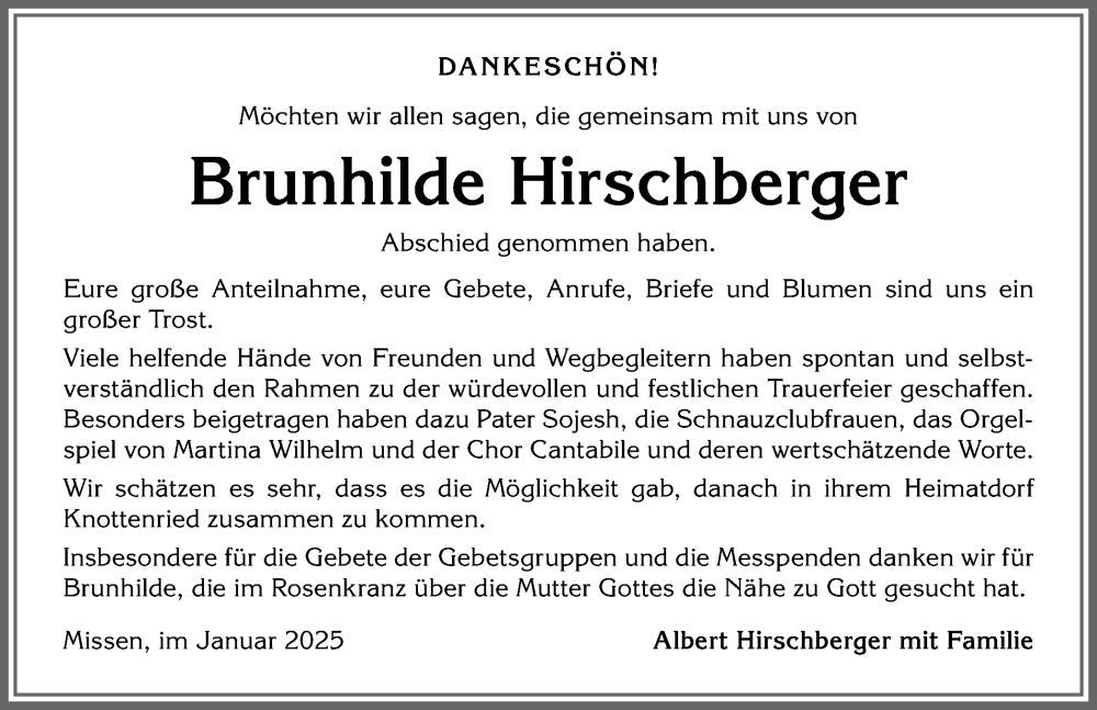 Traueranzeige von Brunhilde Hirschberger von Allgäuer Anzeigeblatt