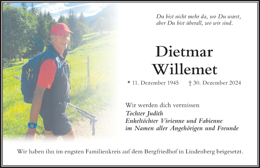 Traueranzeige von Dietmar Willemet von Der Westallgäuer