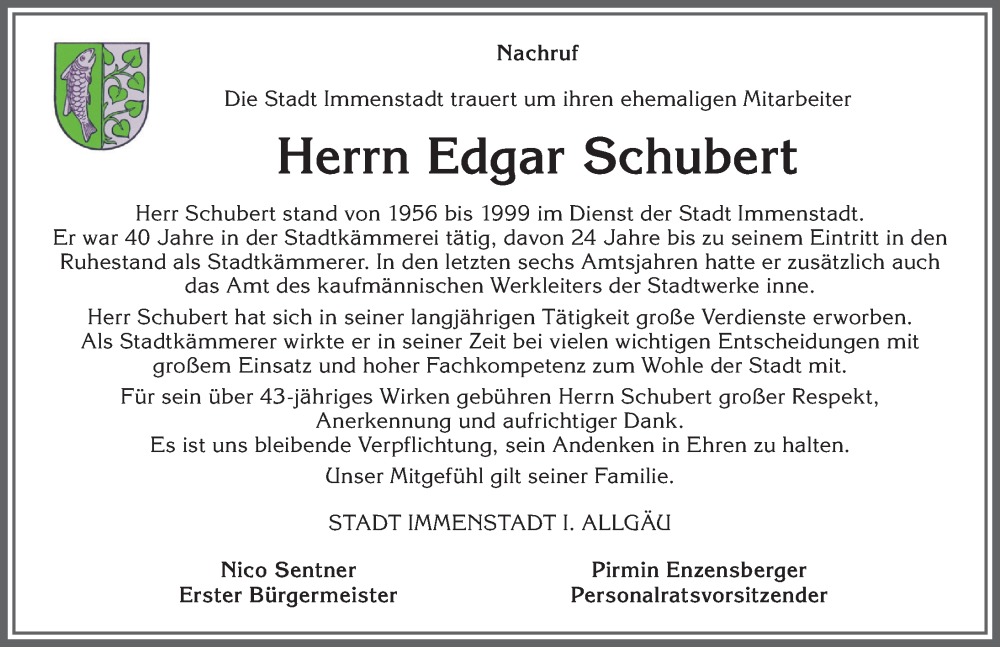 Traueranzeige von Edgar Schubert von Allgäuer Anzeigeblatt