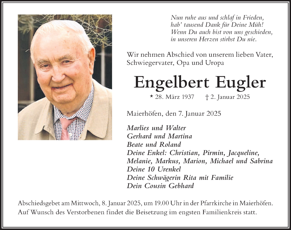 Traueranzeige von Engelbert Eugler von Der Westallgäuer