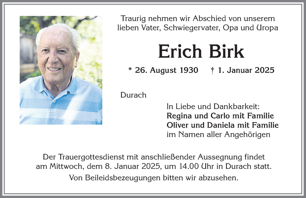 Traueranzeige von Erich Birk von Allgäuer Zeitung,Kempten