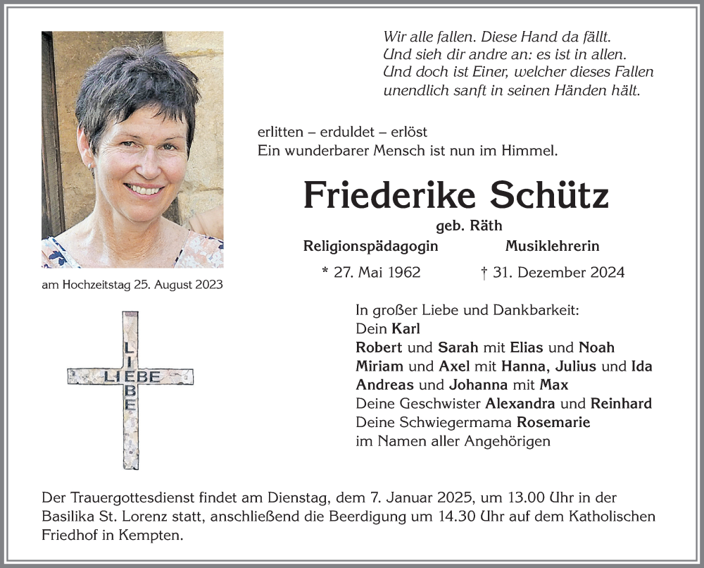 Traueranzeige von Friederike Schütz von Allgäuer Anzeigeblatt