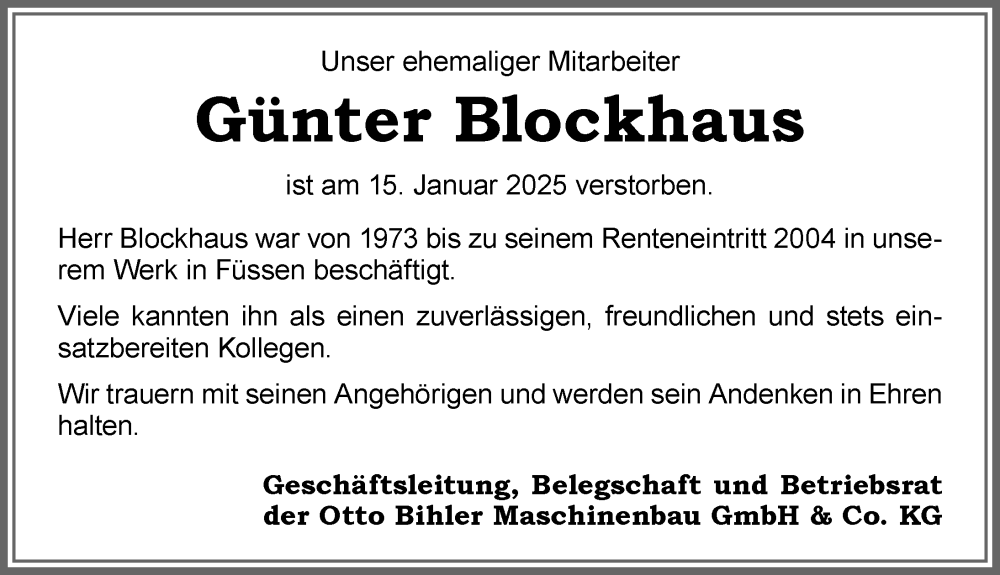 Traueranzeige von Günter Blockhaus von Allgäuer Zeitung, Füssen