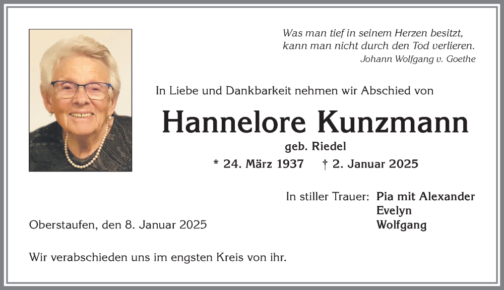 Traueranzeige von Hannelore Kunzmann von Allgäuer Anzeigeblatt